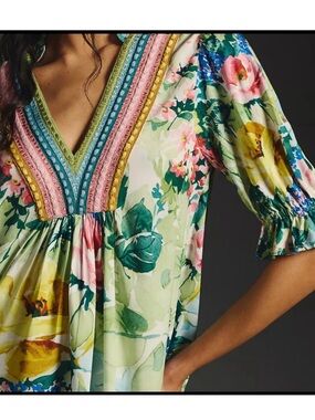 Bl^nk London Floral V-Neck Puff Sleeve Blouse in Light Green